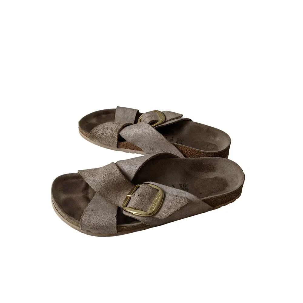 Birkenstock Siena Big Buckle Metallic Taupe Suede Slide Sandals Womens 42 L11 M9